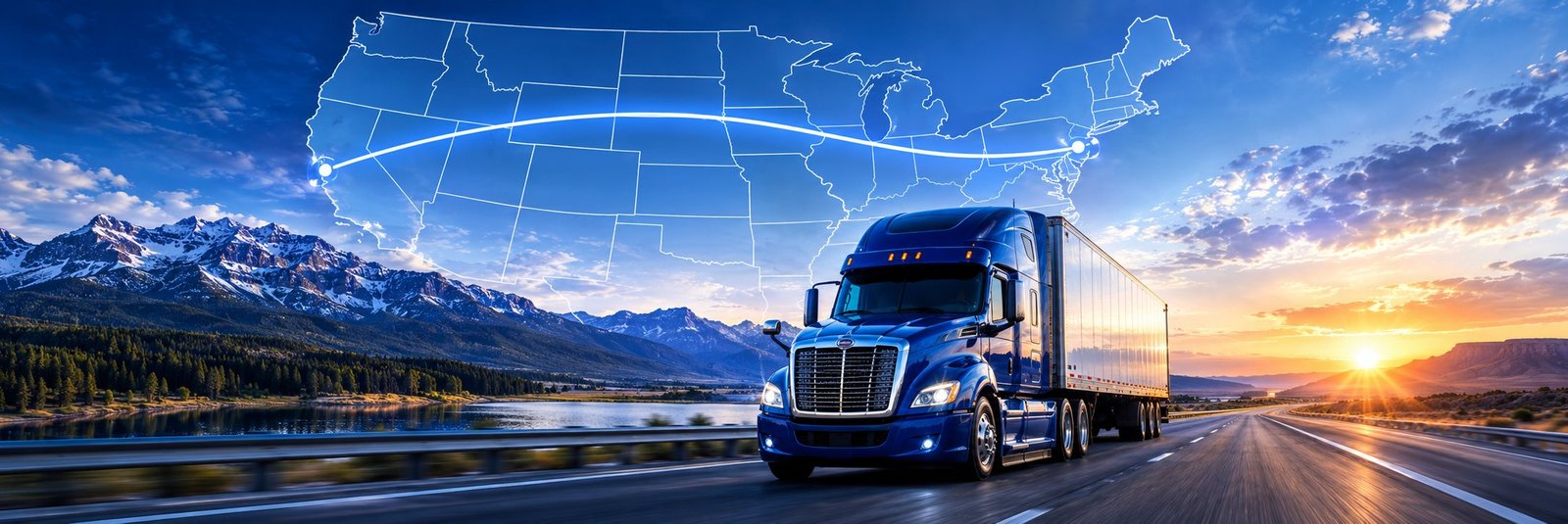 Blue tractor-trailer on an open highway at sunset with a map of the United States and a glowing route from coast to coast