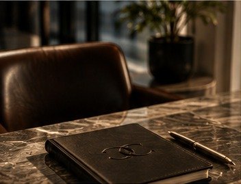 Leather notebook and pen on a desk